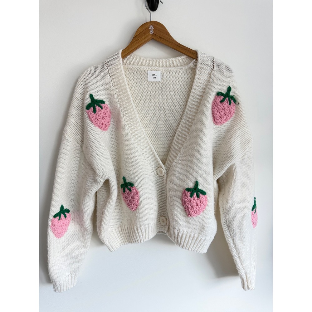 Anthropologie Luna + Ivy Oversized Cream Strawberry Knit Cardigan Sweater Large